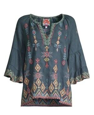 Johnny Was Cerise Blue Embroidered Linen Peasant Blouse Top Medium M Shirt